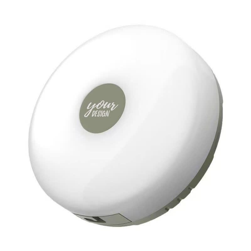 A portable camping string light in white with a grey centre, featuring a logo in the middle. Portable Camping String Light - Image 1