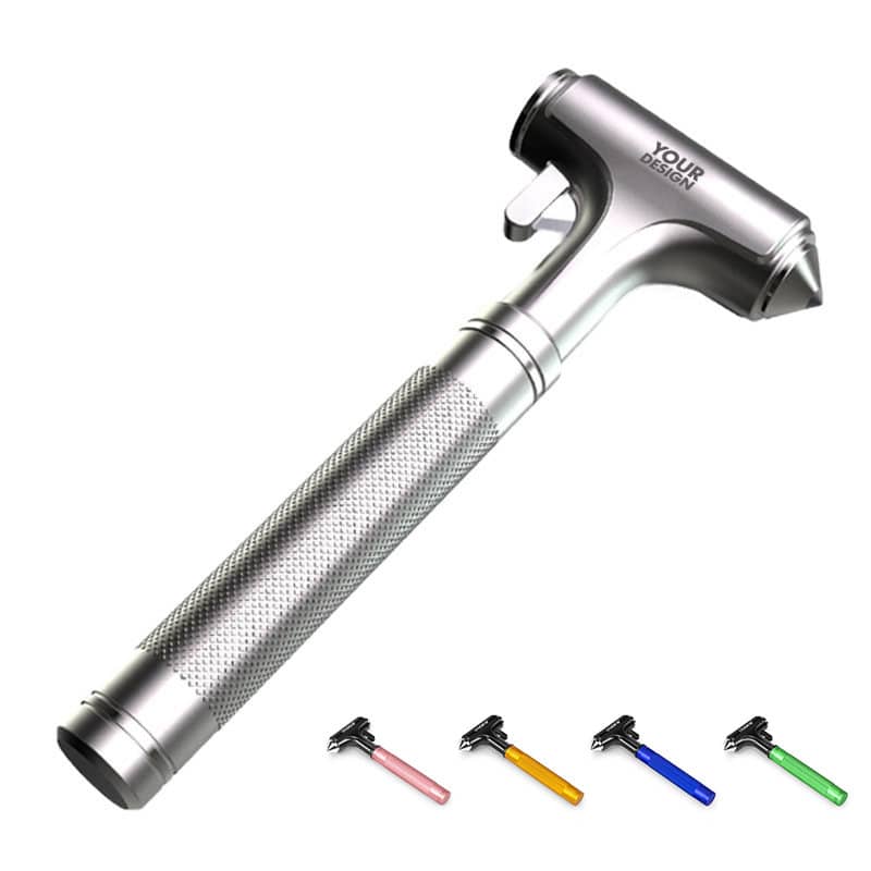A multi-functional car safety hammer in silver with a textured grip, featuring a logo. Available in pink, yellow, and green. Multi-functional Car Safety Hammer - Image 1