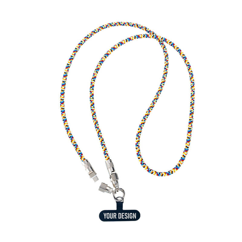 A colourful lanyard charging cable with connectors at both ends and a space for custom branding. Cell Phone Charging Cable Lanyard - Image 1