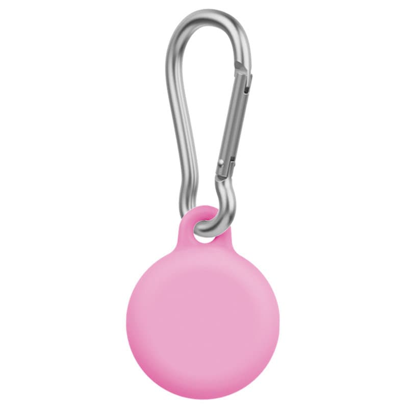 A pink protective cover for a location tracker, featuring a metal carabiner for attachment. Location Tracker Anti-Lost Protective Cover - Image 1