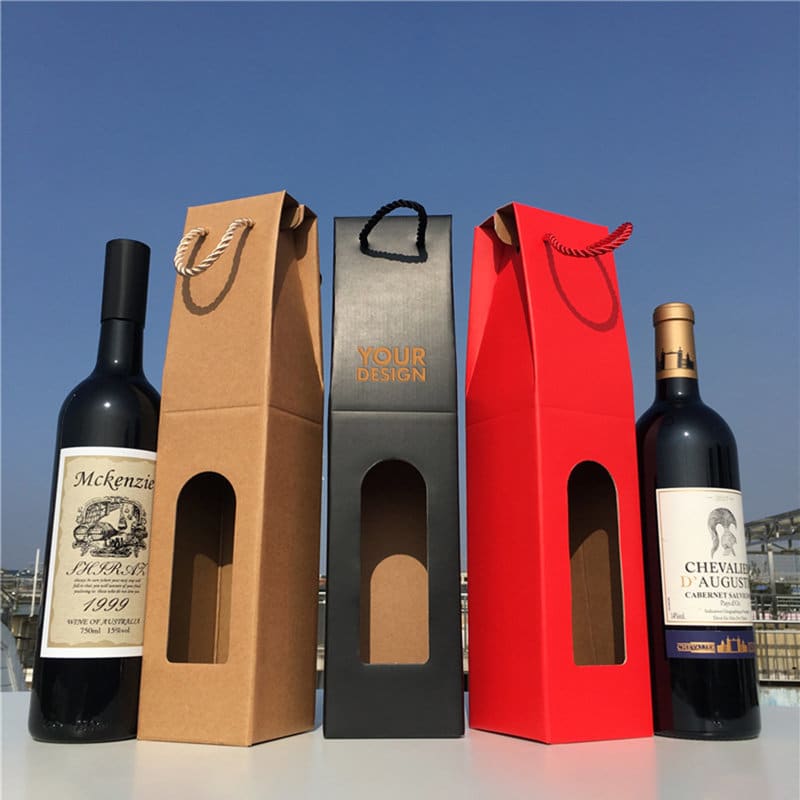 A drink bottle packaging bag with a window, featuring red, black, and brown colours, holding wine bottles. Wine Bottle Packaging Bag With Window - Image 1