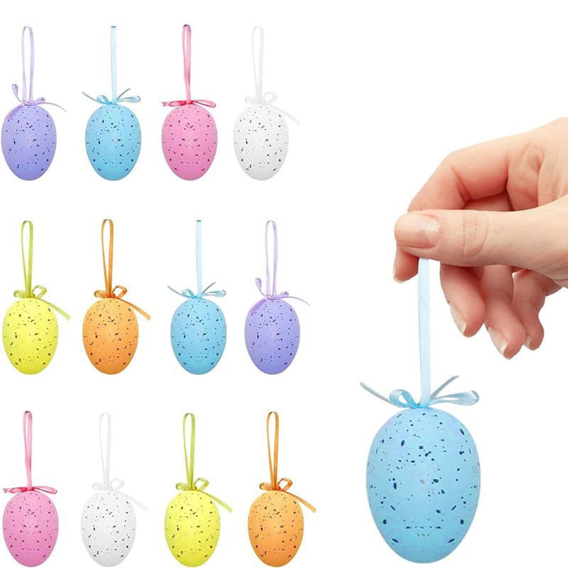 A collection of decorative hanging Easter eggs in various colours, including blue, pink, yellow, and white, with speckled designs. Outdoor Hanging Easter Eggs - Image 1