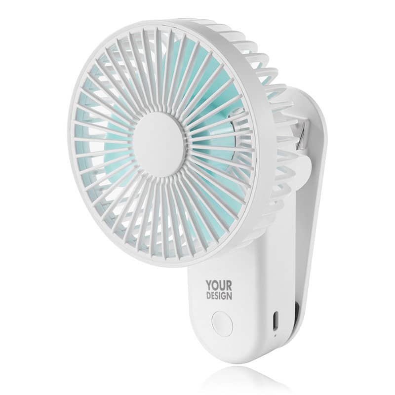 A portable USB desk fan with a magnetic clip, featuring a white design and a light blue interior. Portable USB Desk Fan With Magnetic Clip - Image 1