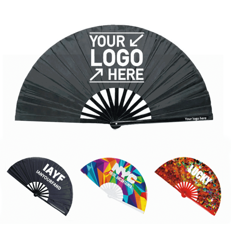 A large folding hand fan in various designs, including black, colourful patterns, and sparkly red. Features logos. Large Folding Hand Fan - Image 1