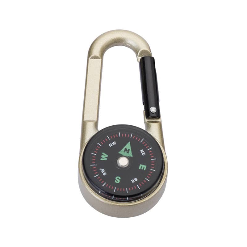 A zinc alloy carabiner with a compass, featuring a gold finish and a black compass dial with cardinal directions. Zinc Alloy Carabiner Compass - Image 1