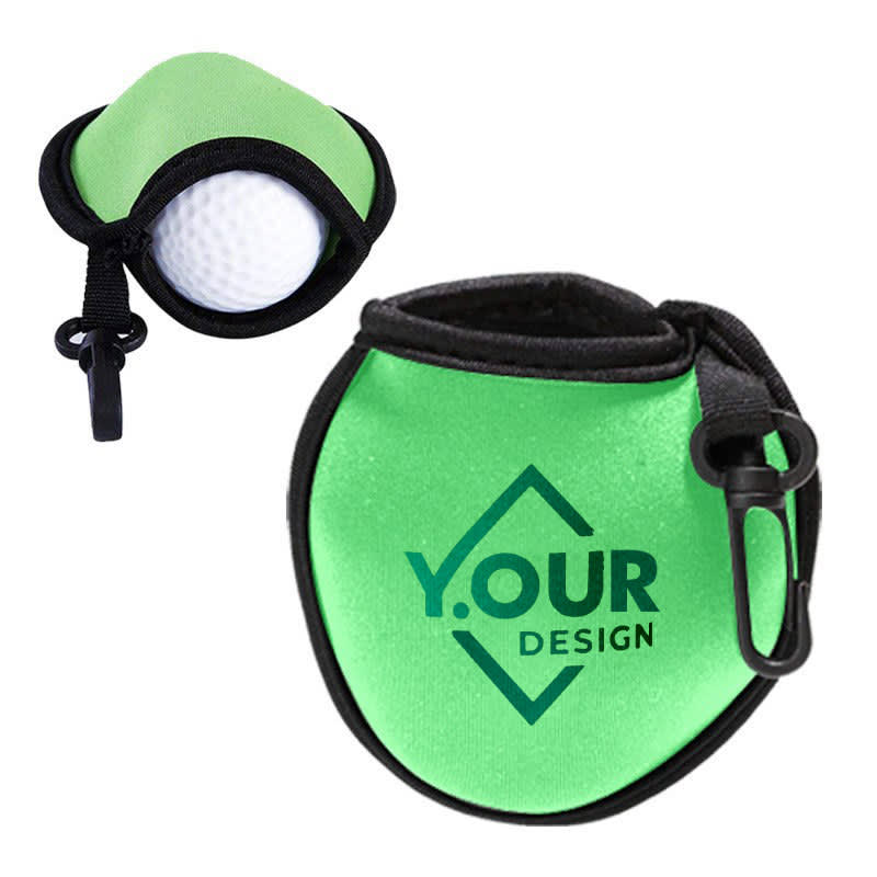 A green golf ball cleaning pouch with a zipper and a clip, designed to hold a golf ball securely inside. Golf Ball Cleaning Pouch - Image 1