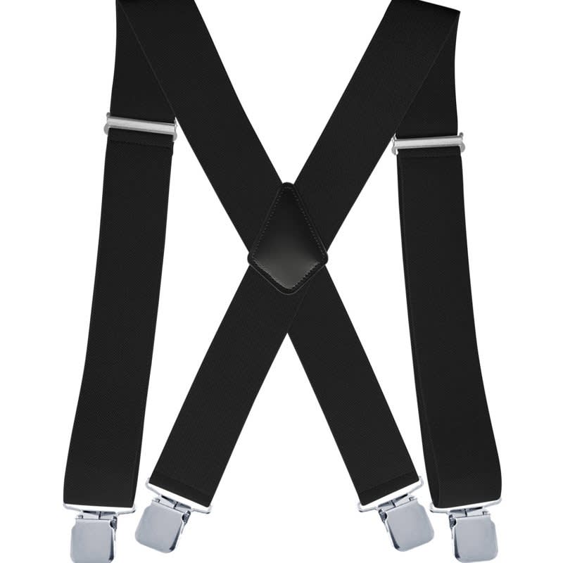 A pair of black adjustable elastic suspenders with silver clips, featuring an X-back design and a logo. Personalized Adjustable Elastic Suspenders - Image 1