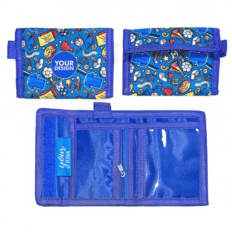 A trifold coin purse in blue featuring a playful pattern and a keychain attachment. Includes multiple compartments. Trifold Coin Purse With Keychain - Image 1