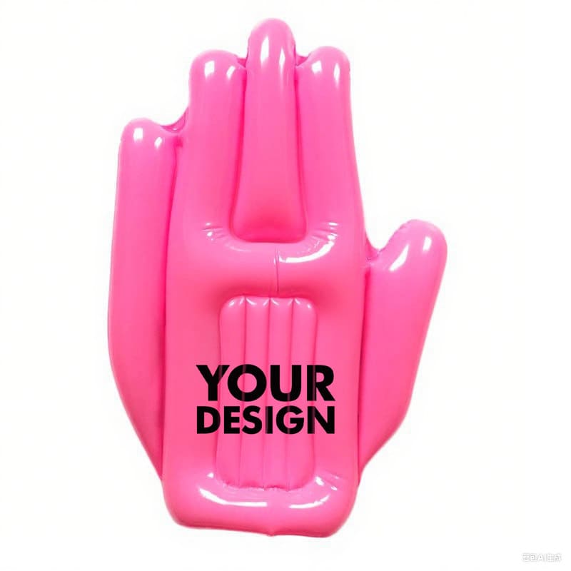 A bright pink inflatable cheering hand with a branding area, suitable for novelty items and fun events. Inflatable Cheering Hand - Image 1