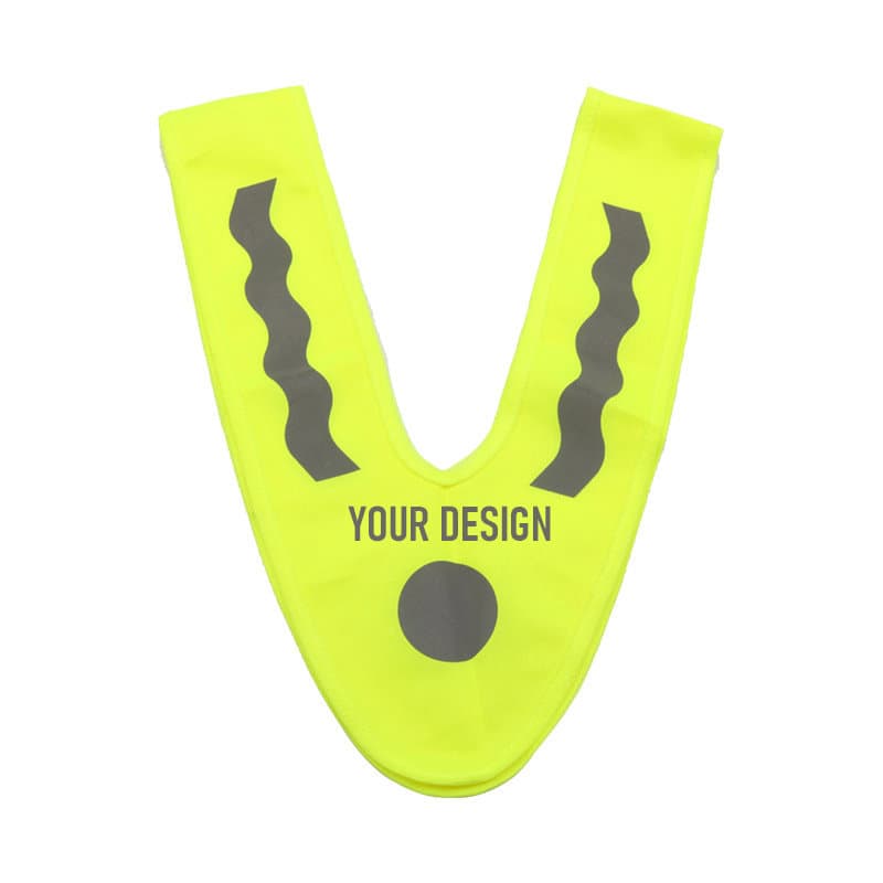 A bright yellow children's triangle reflective safety vest featuring a logo and a blank design area for customisation. Children's Triangle Reflective Safety Vest - Image 1