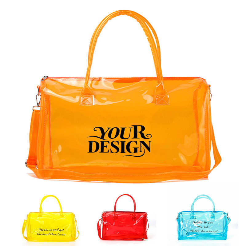 Custom clear duffle bags in orange, yellow, red, and blue, featuring one with a logo and the option for personal design. Custom Clear Duffle Bags - Image 1